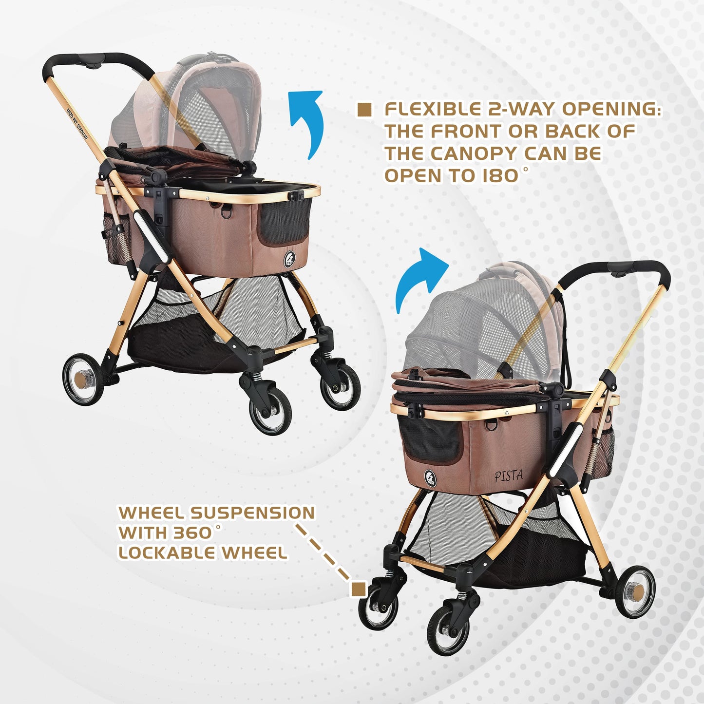 "Pista Super-Lightweight Aluminum Frame 3-in-1 Stroller: The Ultimate Mobility Solution for Small/Medium Dogs, Cats, and Pets on the Go!"
