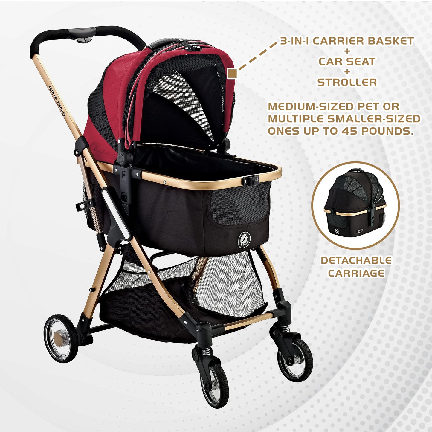 "Pista Super-Lightweight Aluminum Frame 3-in-1 Stroller: The Ultimate Mobility Solution for Small/Medium Dogs, Cats, and Pets on the Go!"