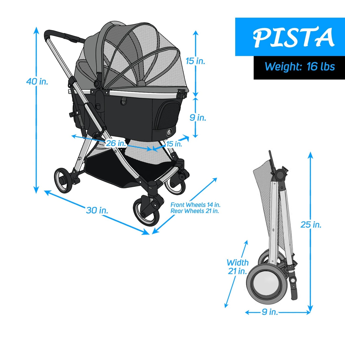"Pista Super-Lightweight Aluminum Frame 3-in-1 Stroller: The Ultimate Mobility Solution for Small/Medium Dogs, Cats, and Pets on the Go!"