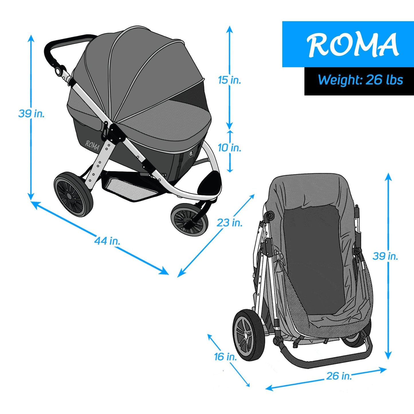 "Roma Performance Jogging Sports Stroller: The Perfect Companion for Active Small/Medium Dogs, Cats, and Pets up to 50lbs!"