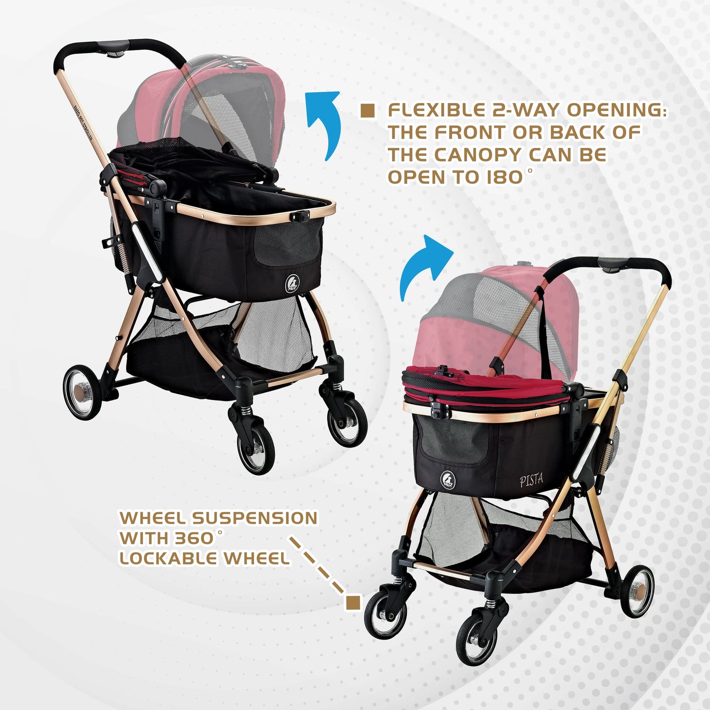 "Pista Super-Lightweight Aluminum Frame 3-in-1 Stroller: The Ultimate Mobility Solution for Small/Medium Dogs, Cats, and Pets on the Go!"